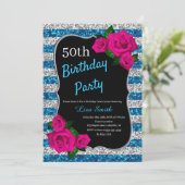 Verjaardag Zilver Blauwe Strepen Glitter Rozen Kaart (Staand voorkant)