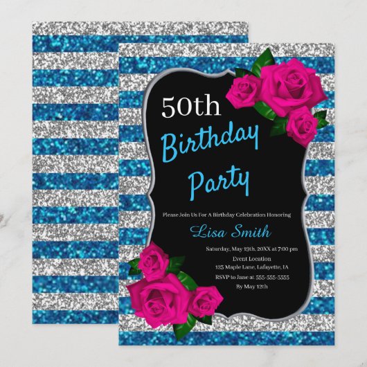 Verjaardag Zilver Blauwe Strepen Glitter Rozen Kaart (Voorkant / Achterkant)