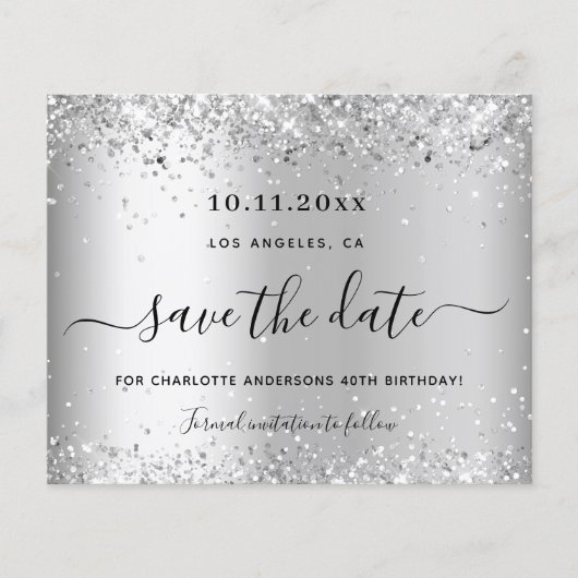 Verjaardag zilver glitters budget save the date flyer (Voorkant)