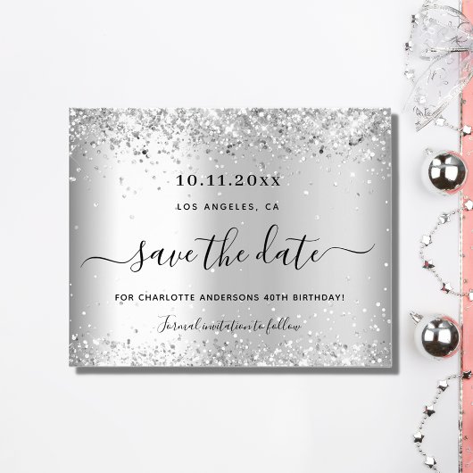 Verjaardag zilver glitters budget save the date flyer
