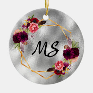 Verjaardag zilver gouden bloemen monogram van vrie keramisch ornament