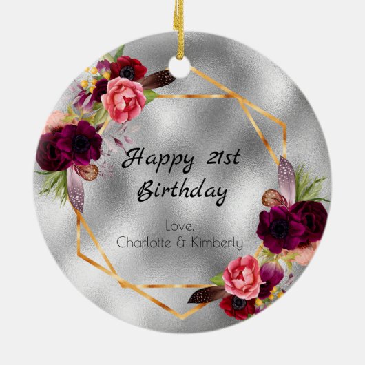 Verjaardag zilver gouden bloemen monogram van vrie keramisch ornament (Achterkant)