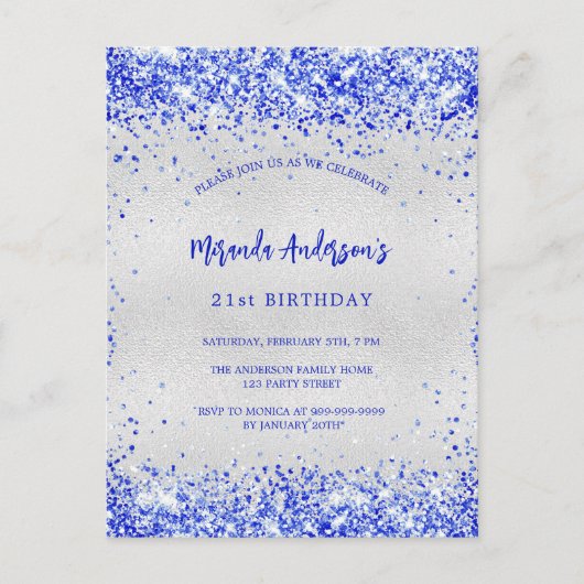 Verjaardag zilver koninklijk blauw uitnodiging briefkaart (Voorkant)