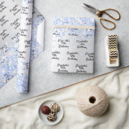 Verjaardag zilver lichtblauw confetti glans naam cadeaupapier