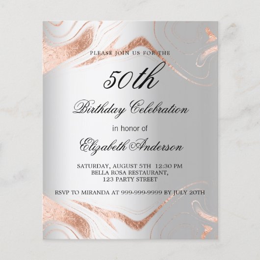 Verjaardag zilver roos goud marmer budget uitnodig flyer (Voorkant)