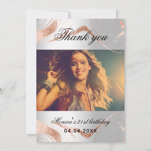 Verjaardag zilver roos gouden foto dank u kaart (Voorkant)