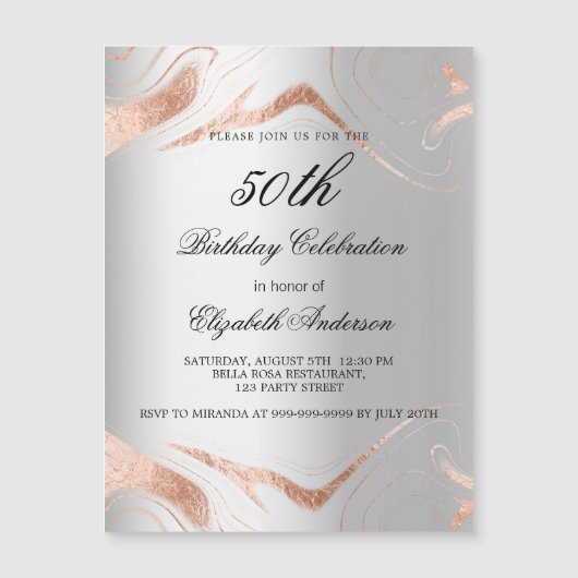 Verjaardag zilver roos gouden marmer luxe magnetische uitnodiging (Voorkant)