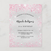 Verjaardag zilver roze glitter elegant modern uitnodiging briefkaart (Voorkant)