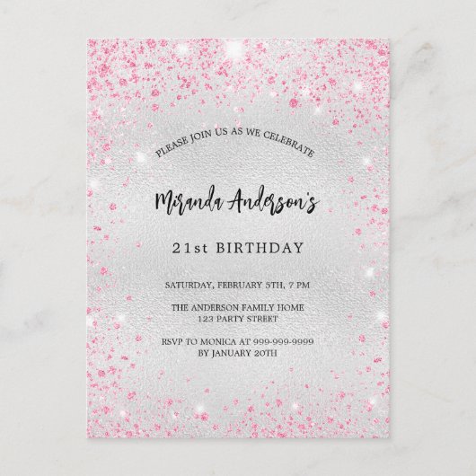 Verjaardag zilver roze glitter elegant modern uitnodiging briefkaart (Voorkant)