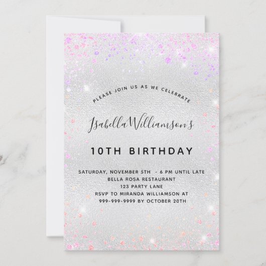 Verjaardag zilver roze paarse glitter kaart (Voorkant)