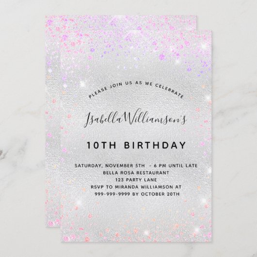 Verjaardag zilver roze paarse glitter kaart (Voorkant / Achterkant)