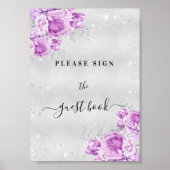 Verjaardag zilver roze violet bloemen gastenboek t poster (Voorkant)