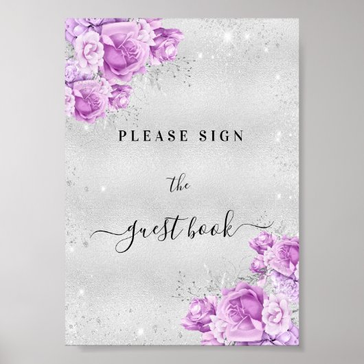 Verjaardag zilver roze violet bloemen gastenboek t poster (Voorkant)