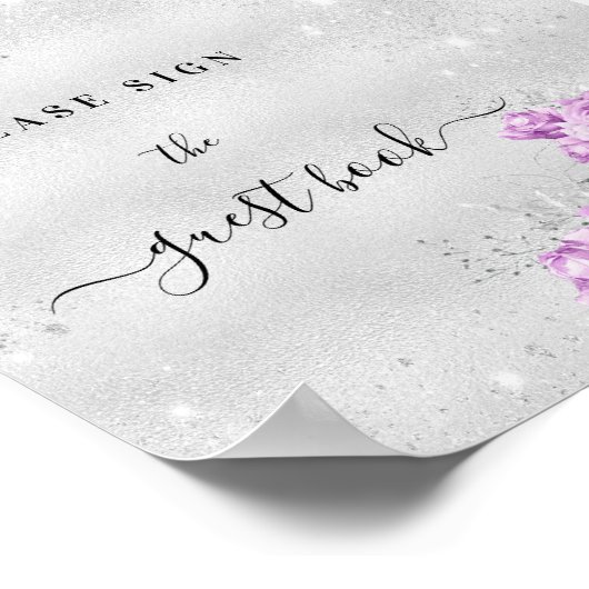 Verjaardag zilver roze violet bloemen gastenboek t poster (Hoek)