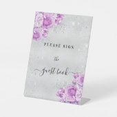 Verjaardag zilver roze violette bloemen gastenboek reclamebord met voetstuk (Voorkant)