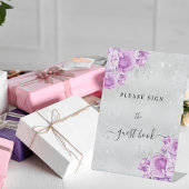 Verjaardag zilver roze violette bloemen gastenboek reclamebord met voetstuk
