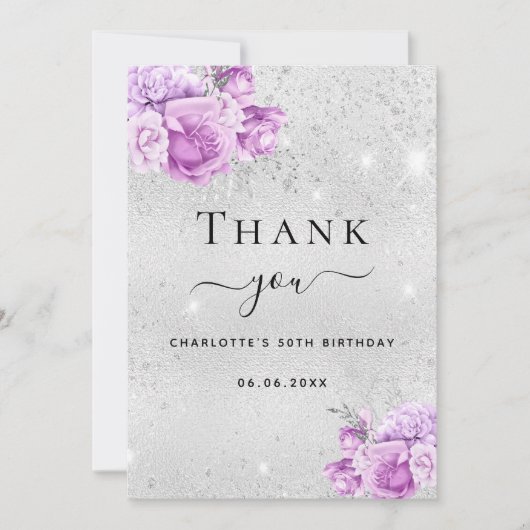 Verjaardag zilver violet roze bloemstukken dank u  kaart (Voorkant)