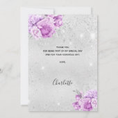 Verjaardag zilver violet roze bloemstukken dank u  kaart (Achterkant)