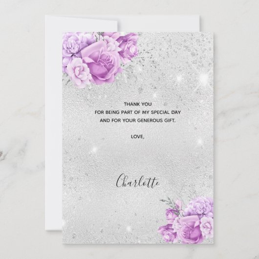 Verjaardag zilver violet roze bloemstukken dank u  kaart (Achterkant)