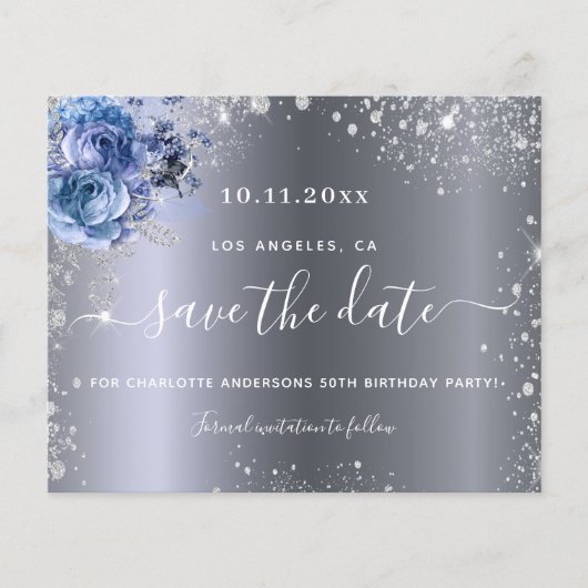 Verjaardag zilverblauw budget behalve datum flyer (Voorkant)