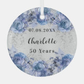 Verjaardag zilveren blauwe bloemen glas ornament (Voorkant)
