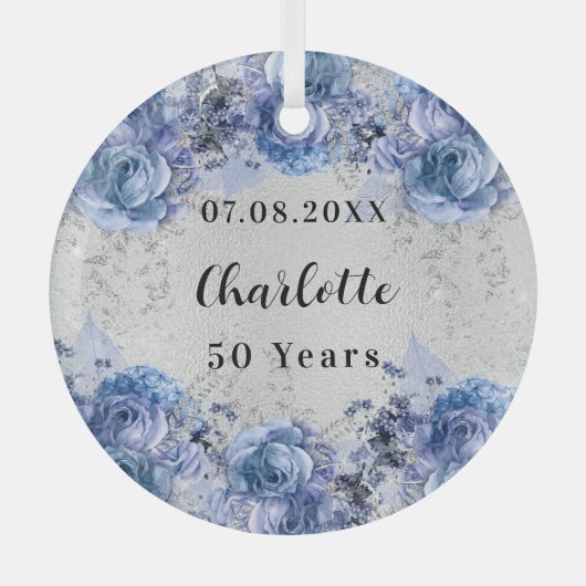 Verjaardag zilveren blauwe bloemen glas ornament (Voorkant)