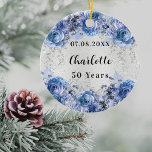 Verjaardag zilveren blauwe bloemen keramisch ornament<br><div class="desc">Een faux zilver uitziende achtergrond versierd met faux glitter,  sparkles en blauwe bloemen. Personaliseer en jouw naam en een date.</div>