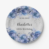 Verjaardag zilveren blauwe bloemen papieren bordje (Voorkant)