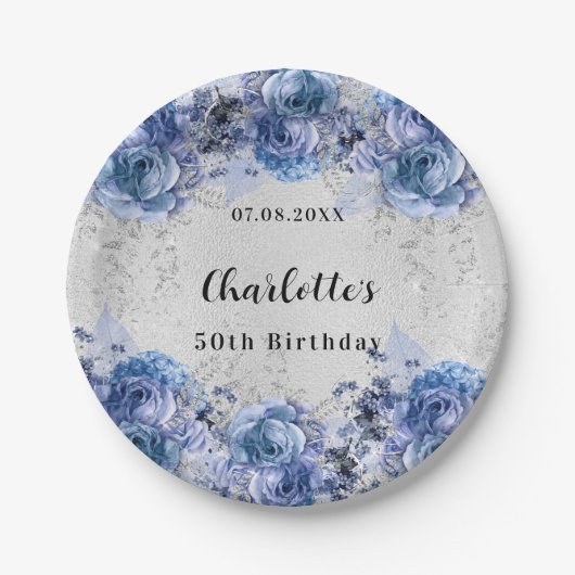 Verjaardag zilveren blauwe bloemen papieren bordje (Voorkant)