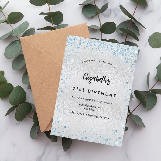 Verjaardag zilveren blauwe glitter kaart