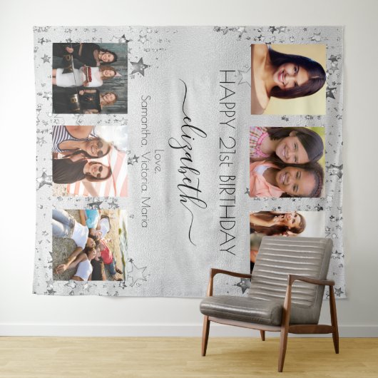 Verjaardag zilveren foto collage beste vrienden wandkleed (In Situ (horizontaal))