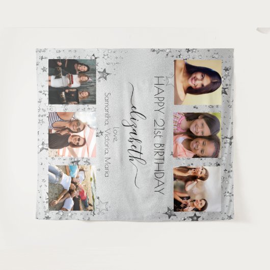 Verjaardag zilveren foto collage beste vrienden wandkleed (Voorkant (horizontaal))