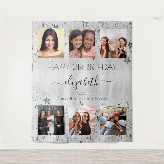 Verjaardag zilveren foto collage beste vrienden wandkleed (Voorkant)