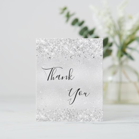 Verjaardag zilveren glitter bedankkaart (Staand voorkant)