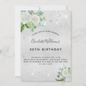 Verjaardag zilveren glitter bloemengroen kaart (Voorkant)