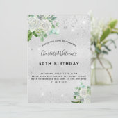 Verjaardag zilveren glitter bloemengroen kaart (Staand voorkant)