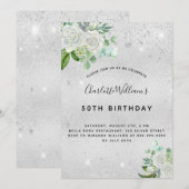 Verjaardag zilveren glitter bloemengroen kaart (Voorkant / Achterkant)
