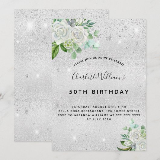 Verjaardag zilveren glitter bloemengroen kaart (Voorkant / Achterkant)