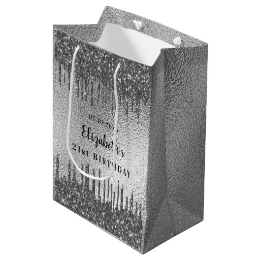 Verjaardag zilveren glitter druppels monogram medium cadeauzakje (Voorkant Gekanteld)