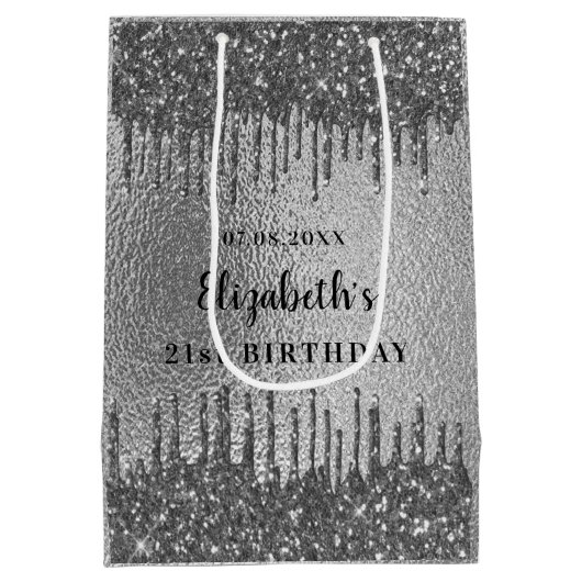 Verjaardag zilveren glitter druppels monogram medium cadeauzakje (Achterkant)