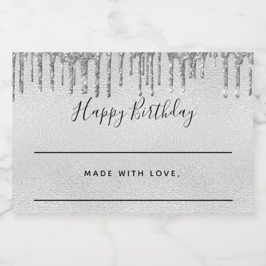 Verjaardag zilveren glitter druppels zelfgemaakt voedselcontainer etiket (Enkel label)