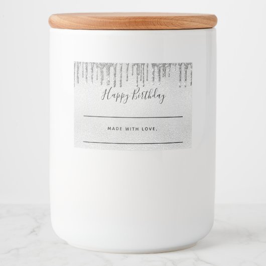 Verjaardag zilveren glitter druppels zelfgemaakt voedselcontainer etiket (Voorkant)