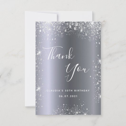 Verjaardag zilveren glitter elegant bedankkaart (Voorkant)