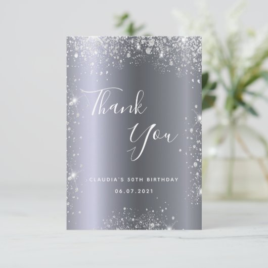 Verjaardag zilveren glitter elegant bedankkaart (Staand voorkant)