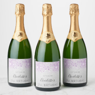Verjaardag zilveren glitter paarse naam sparkling wijnetiket