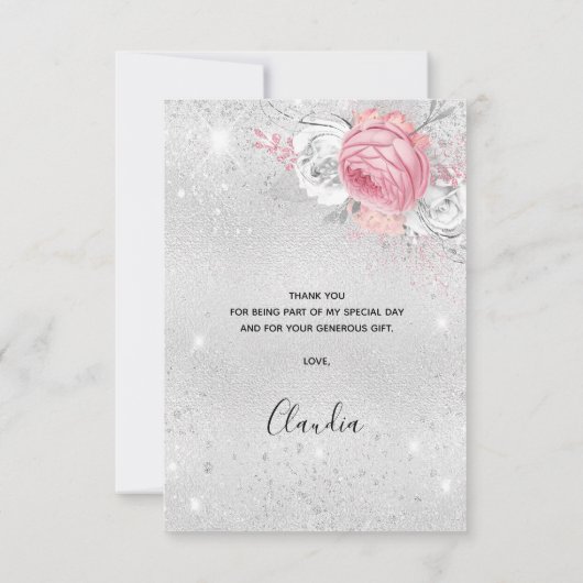Verjaardag zilveren glitter roze bloemen bedankkaart (Achterkant)