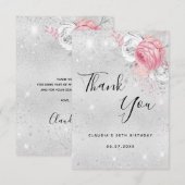 Verjaardag zilveren glitter roze bloemen bedankkaart (Voorkant / Achterkant)