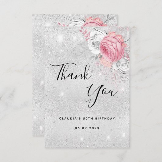 Verjaardag zilveren glitter roze bloemen bedankkaart (Voorkant / Achterkant)
