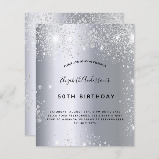 Verjaardag zilveren glitter uitnodiging (Voorkant / Achterkant)