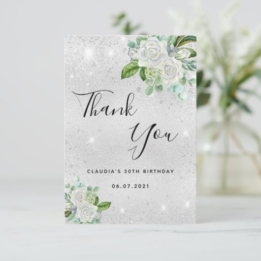 Verjaardag zilveren glitter witte bloemen bedankkaart (Staand voorkant)